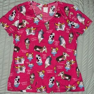 Cat & Dog Ice Cream Theme Pink Scrub Top